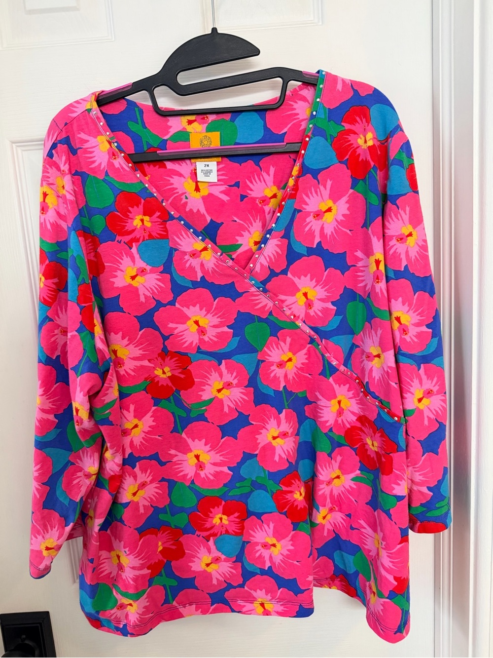 Ruby Rd Vibrant Pink Floral Wrap-Style Women's Top